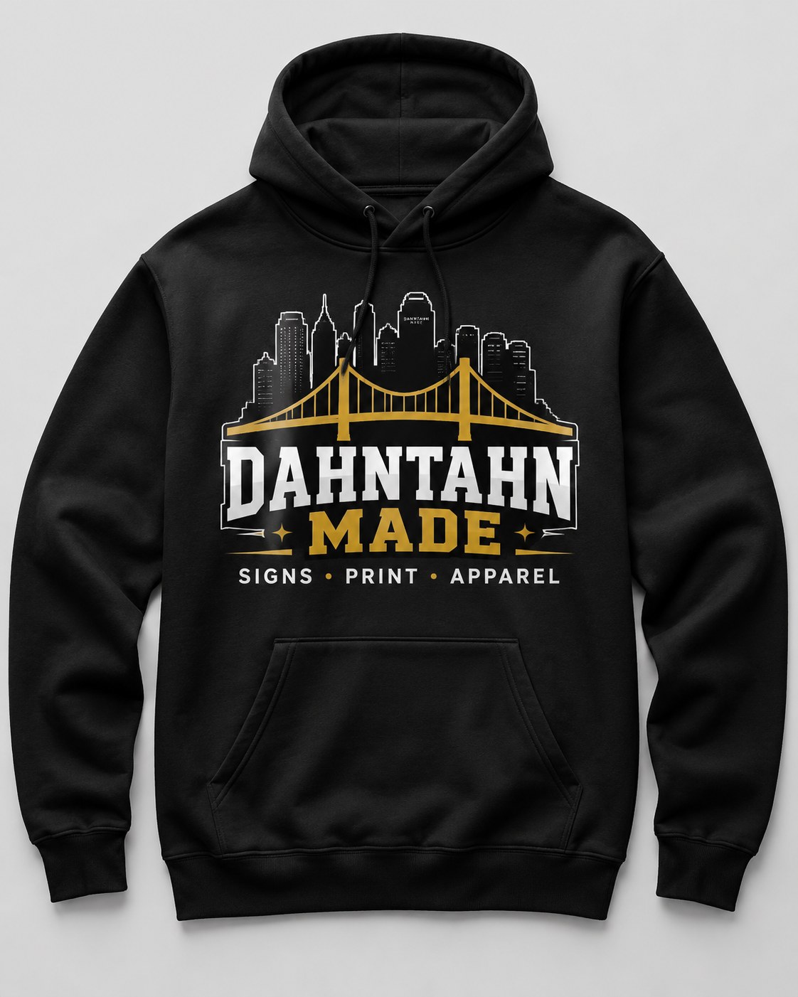 Black hoodie mockup with a large Pittsburgh skyline, bridge, and Dahntahn Made graphic