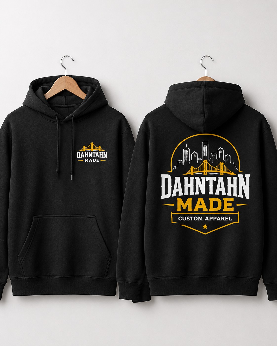 Front and back black hoodie mockups showing a small left-chest graphic and a large back print