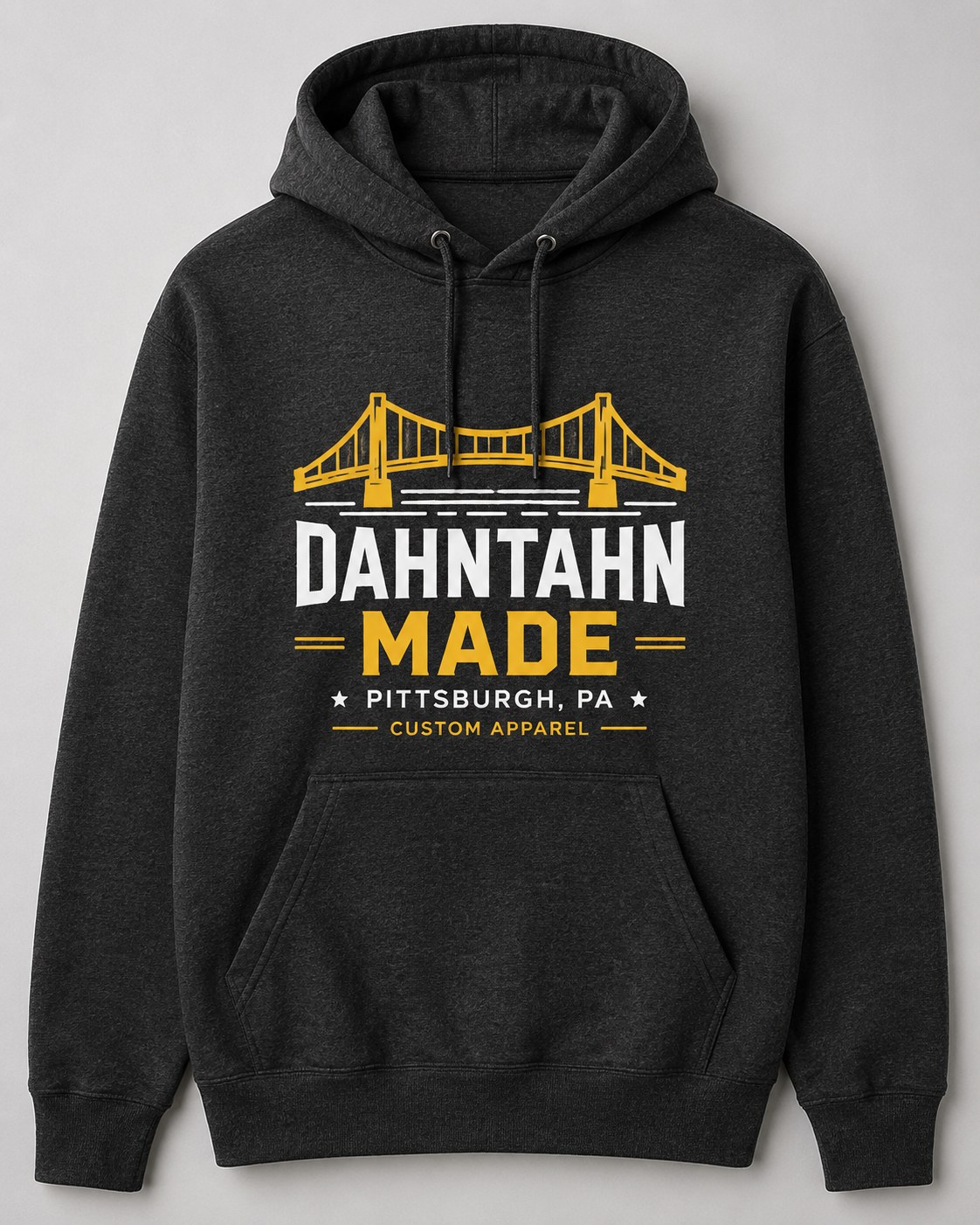 Charcoal hoodie mockup with a Pittsburgh bridge and Dahntahn Made graphic