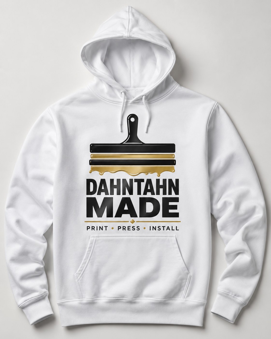 White hoodie mockup with a black and gold print press themed graphic