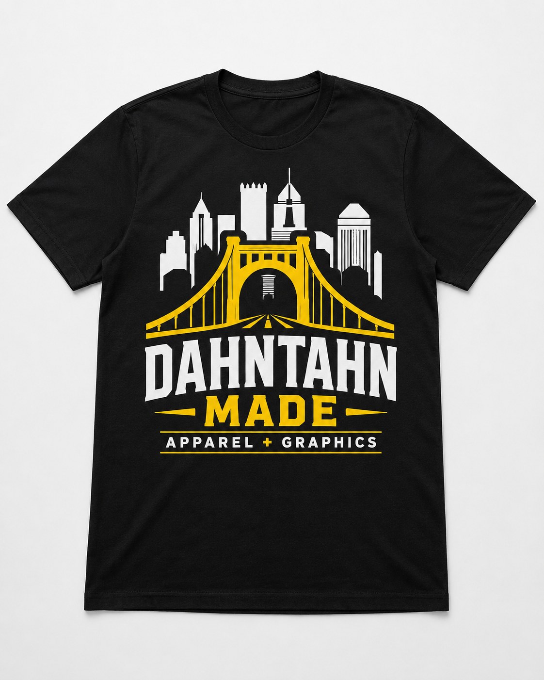 Black T-shirt mockup with a large Pittsburgh bridge and Dahntahn Made graphic