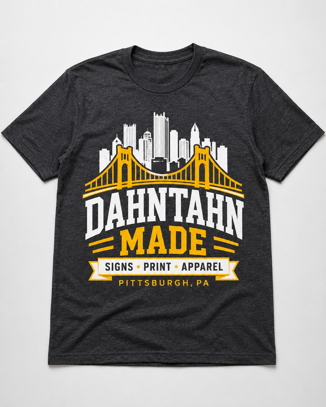 Charcoal T-shirt mockup with a Pittsburgh bridge and skyline graphic