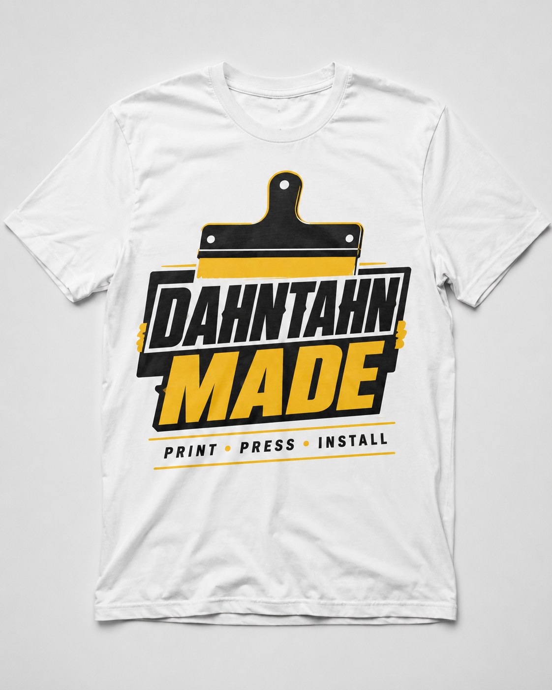 White T-shirt mockup with a black and gold print press themed graphic